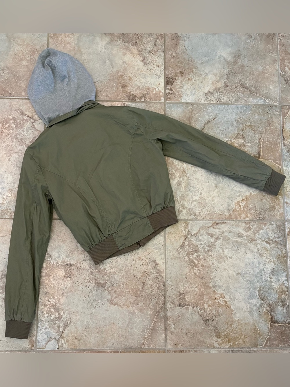 Charlotte Russe Olive Hooded Utility Bomber Jacket Dual Zipper Gray Hood Cropped - Picture 3 of 10